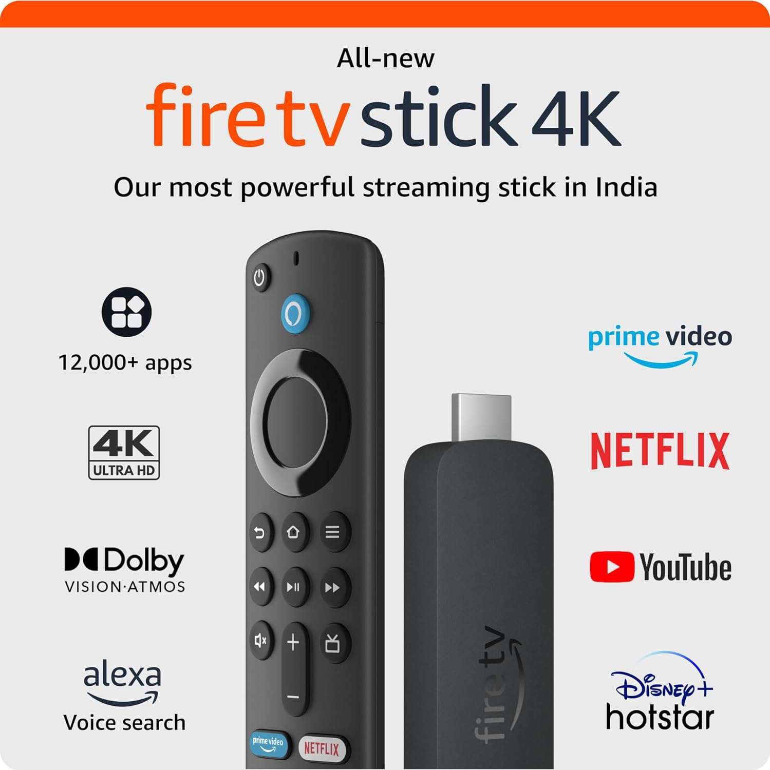 All-new Amazon Fire TV Stick 4K streaming device, ultra-cinematic 4K streaming, supports Wi-Fi 6, Dolby Vision/Atmos, HDR10+